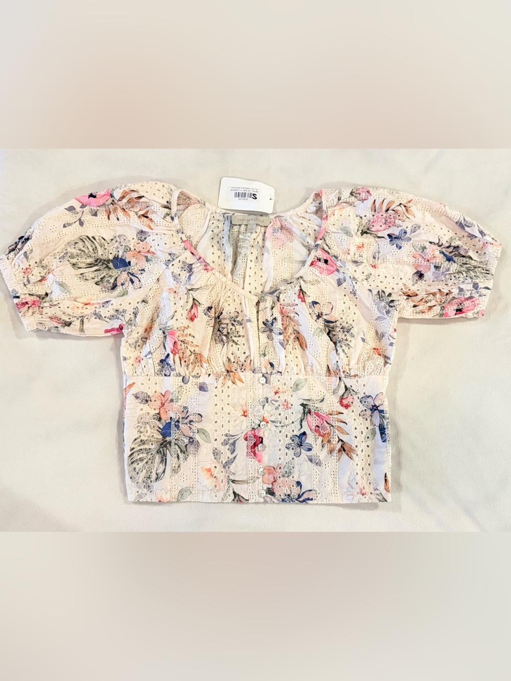 Dance & Marvel Cream Floral Eyelet Blouse with Pink & Blue Accents